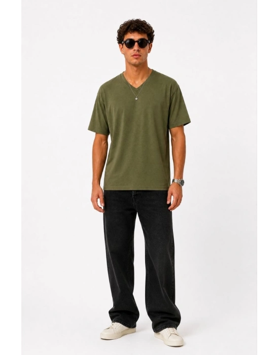 Erkek V Yaka Basic Tişört Kısa Kol Yazlık Regular Fit T-Shirt - Haki