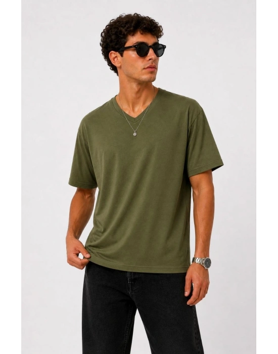 Erkek V Yaka Basic Tişört Kısa Kol Yazlık Regular Fit T-Shirt - Haki