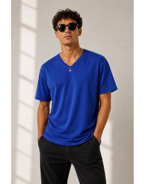Erkek V Yaka Basic Tişört Kısa Kol Yazlık Regular Fit T-Shirt - Saks Mavisi