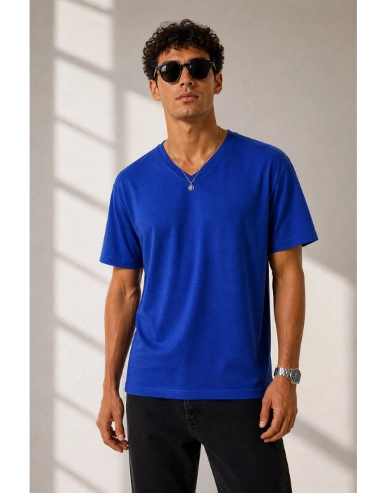 Erkek V Yaka Basic Tişört Kısa Kol Yazlık Regular Fit T-Shirt - Saks Mavisi
