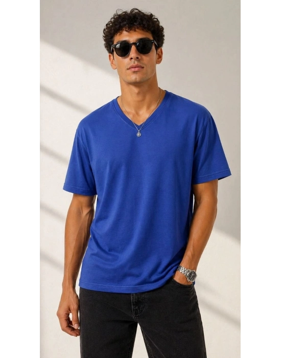 Erkek V Yaka Basic Tişört Kısa Kol Yazlık Regular Fit T-Shirt - Saks Mavisi