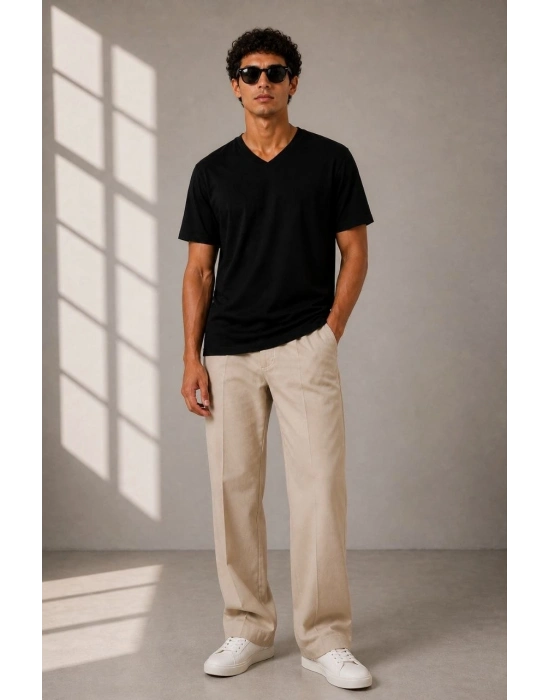 Erkek V Yaka Basic Tişört Kısa Kol Yazlık Regular Fit T-Shirt - Siyah