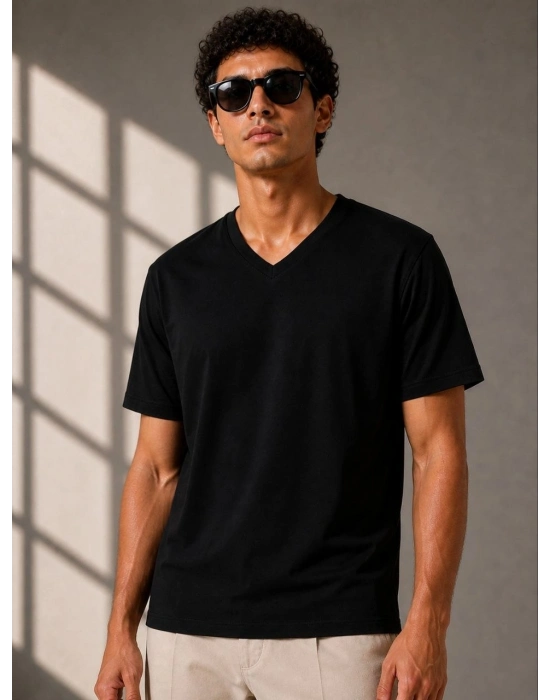 Erkek V Yaka Basic Tişört Kısa Kol Yazlık Regular Fit T-Shirt - Siyah