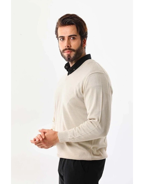 Erkek V Yaka Kazak Uzun Kol Düz Dokuma Triko - Krem