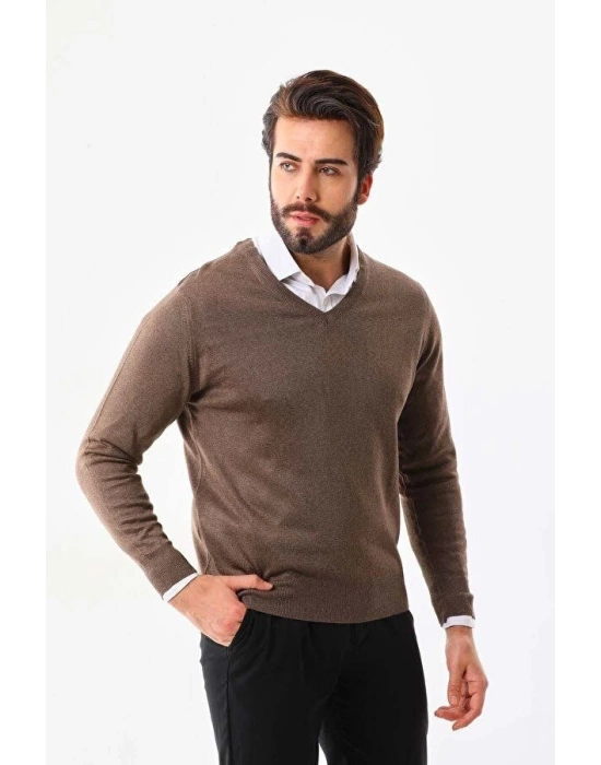 Erkek V Yaka Kazak Uzun Kol Düz Dokuma Triko - Vizon