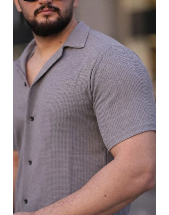 Erkek Waffle Dokuma Açık Yakalı Düğmeli Regular Kalıp 2’li Gömlek Seti - Beyaz  Gri