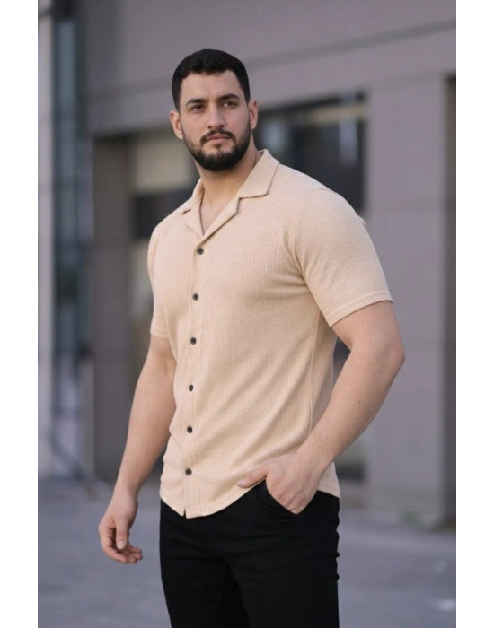 Erkek Waffle Dokuma Açık Yakalı Düğmeli Regular Kalıp 2’li Gömlek Seti - Haki  Bej
