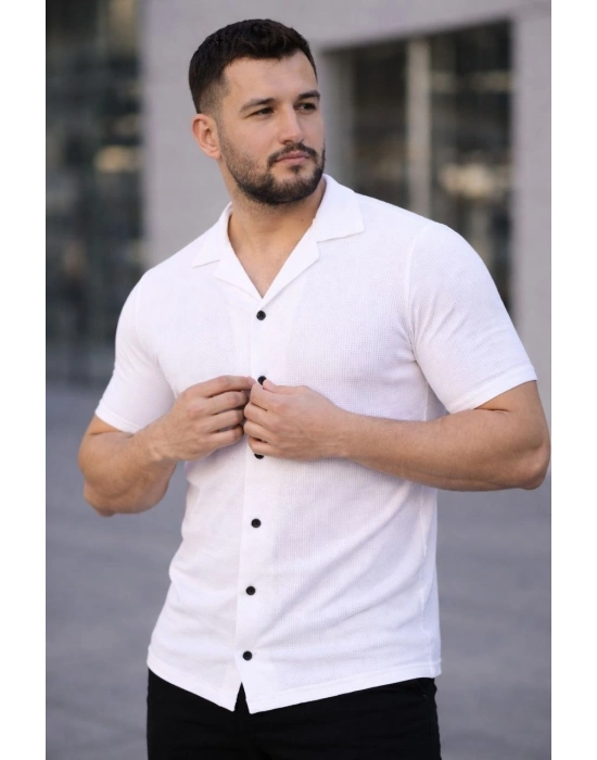 Erkek Waffle Dokuma Açık Yakalı Düğmeli Regular Kalıp 2’li Gömlek Seti - Siyah  Beyaz