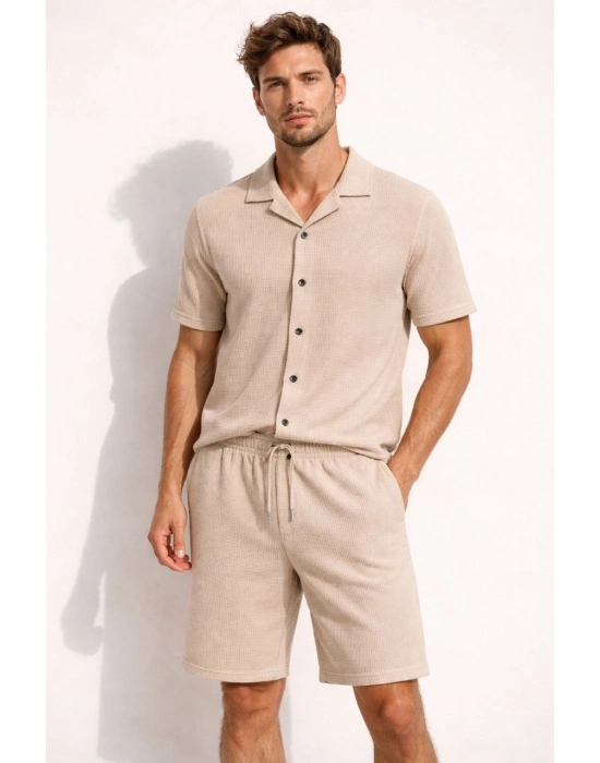 Erkek Waffle Kumaş Kısa Kol Gömlek Şort Takım Regular Yazlık İkili Set - Bej