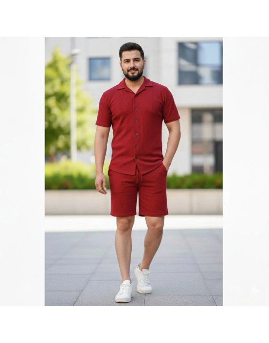 Erkek Waffle Kumaş Kısa Kol Gömlek Şort Takım Regular Yazlık İkili Set - Bordo