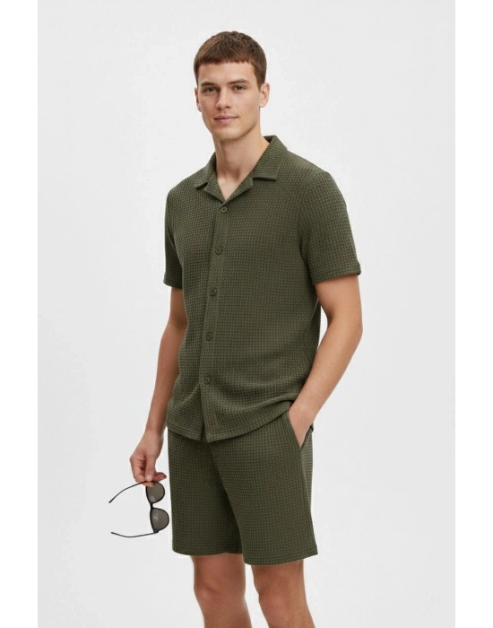 Erkek Waffle Kumaş Kısa Kol Gömlek Şort Takım Regular Yazlık İkili Set - Haki