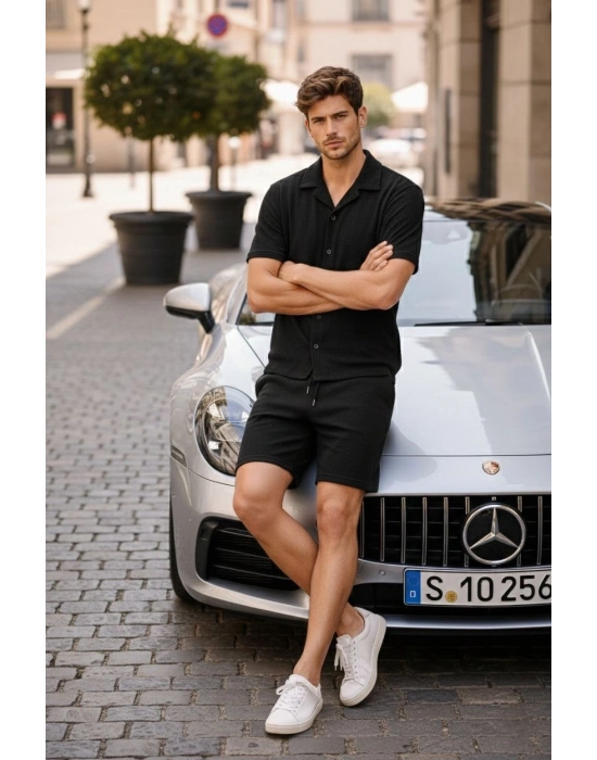 Erkek Waffle Kumaş Kısa Kol Gömlek Şort Takım Regular Yazlık İkili Set - Siyah