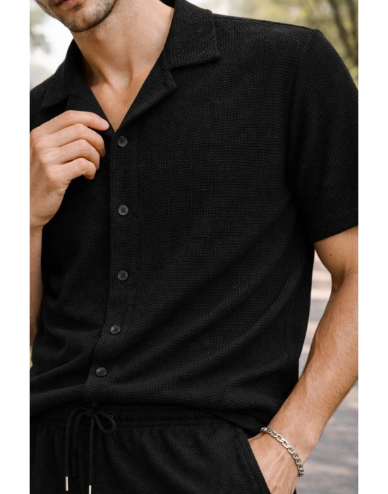 Erkek Waffle Kumaş Kısa Kol Gömlek Şort Takım Regular Yazlık İkili Set - Siyah