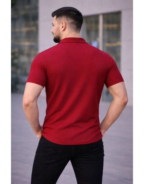 Erkek Waffle Kumaş Kısa Kollu Düğmeli Açık Yaka Regular Fit Gömlek - Kırmızı