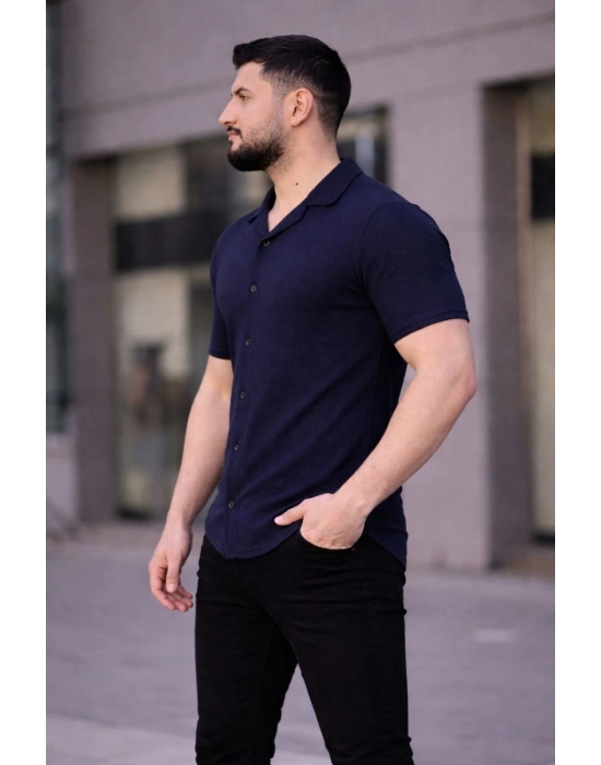 Erkek Waffle Kumaş Kısa Kollu Düğmeli Açık Yaka Regular Fit Gömlek - Lacivert