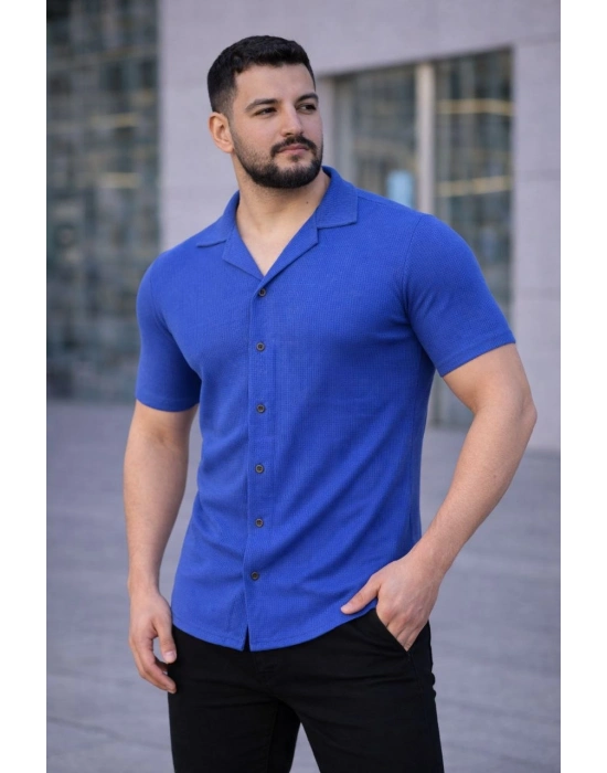 Erkek Waffle Kumaş Kısa Kollu Düğmeli Açık Yaka Regular Fit Gömlek - Saks Mavisi