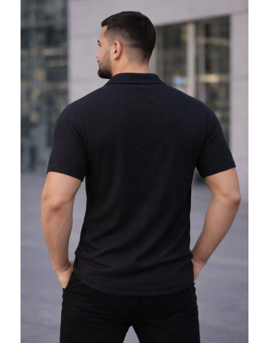 Erkek Waffle Kumaş Kısa Kollu Düğmeli Açık Yaka Regular Fit Gömlek - Siyah