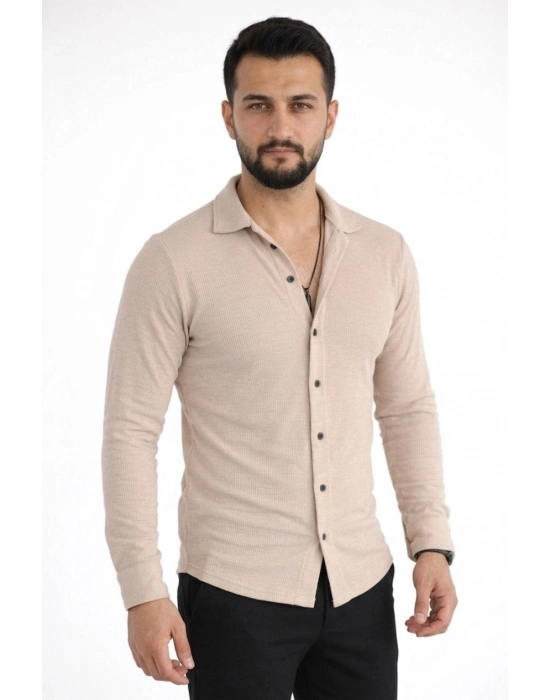 Erkek Waffle Kumaş Uzun Kollu Düğmeli Açık Yaka Regular Fit Gömlek - Bej