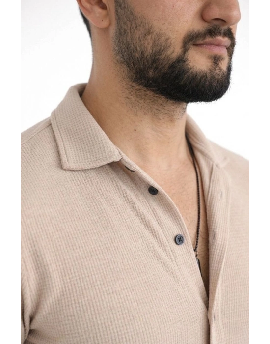Erkek Waffle Kumaş Uzun Kollu Düğmeli Açık Yaka Regular Fit Gömlek - Bej