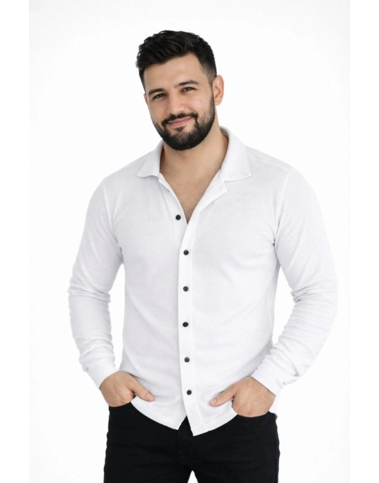 Erkek Waffle Kumaş Uzun Kollu Düğmeli Açık Yaka Regular Fit Gömlek - Beyaz