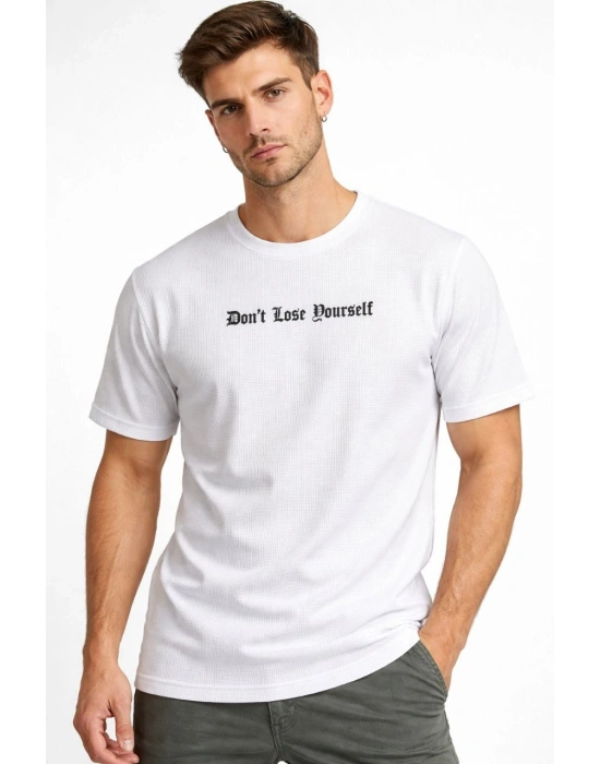 Erkek Wafıl Kumaş Tişört Regular Kalıp Bisiklet Yaka Baskılı T-Shirt - Beyaz