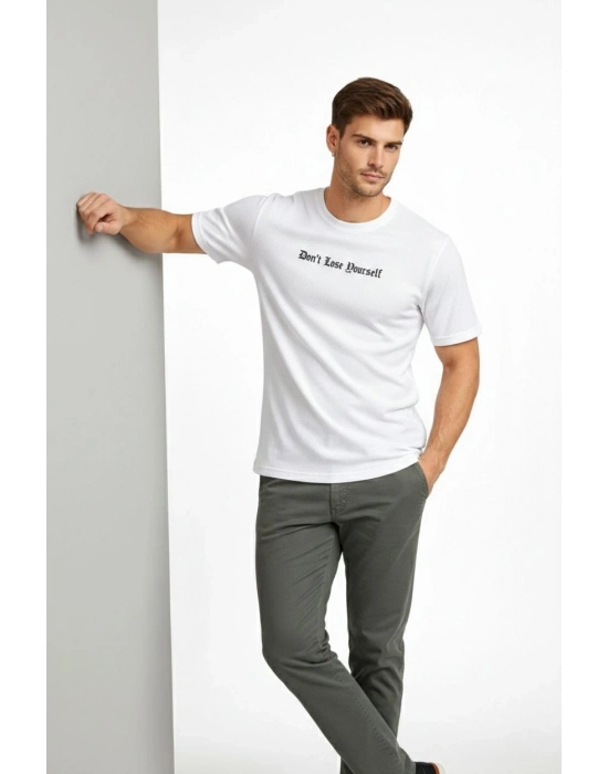 Erkek Wafıl Kumaş Tişört Regular Kalıp Bisiklet Yaka Baskılı T-Shirt - Beyaz