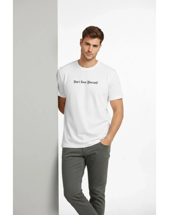 Erkek Wafıl Kumaş Tişört Regular Kalıp Bisiklet Yaka Baskılı T-Shirt - Beyaz