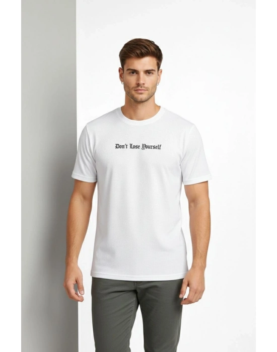 Erkek Wafıl Kumaş Tişört Regular Kalıp Bisiklet Yaka Baskılı T-Shirt - Beyaz