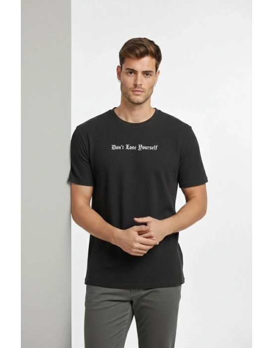 Erkek Wafıl Kumaş Tişört Regular Kalıp Bisiklet Yaka Baskılı Günlük Basic T-Shirt - Siyah