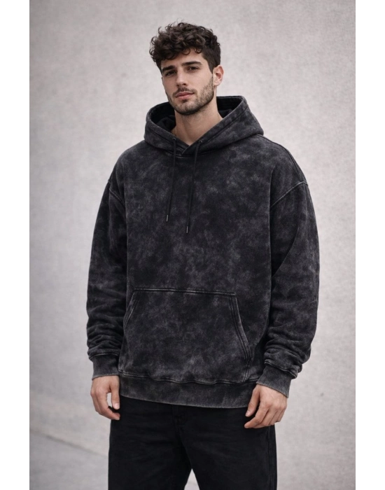 Erkek Yağ Yıkamalı Kapşonlu Double Oversize Üç İplik Pamuklu Sweatshirt - Siyah