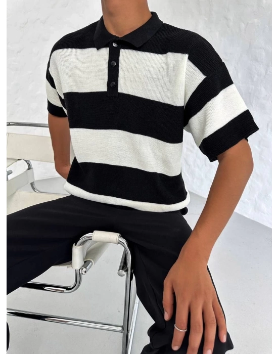 Erkek Yakalı Düğmeli Triko T-Shirt - Siyah