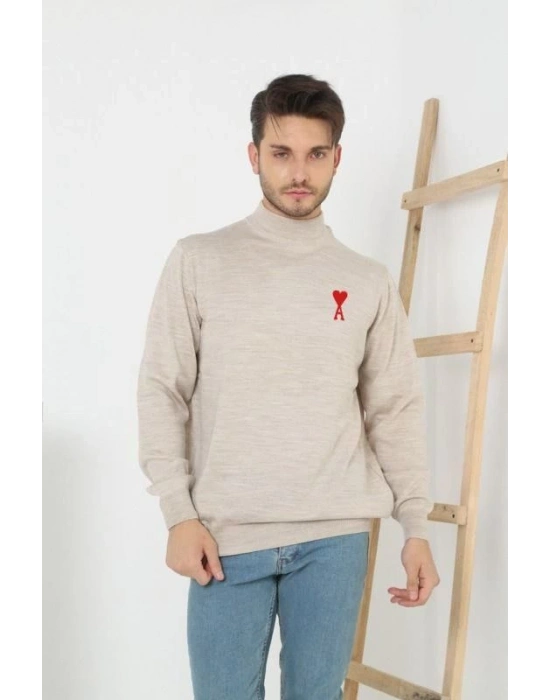 Erkek Yarım Bağazlı Kazak Baskılı Dokuma Triko - Bej