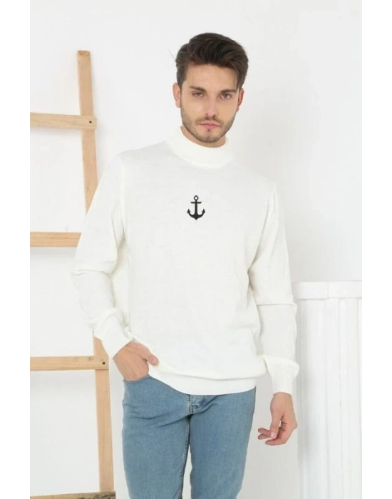 Erkek Yarım Bağazlı Kazak Baskılı Dokuma Triko - Beyaz