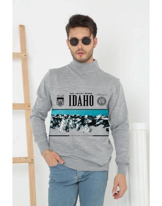 Erkek Yarım Bağazlı Kazak Baskılı Dokuma Triko - Gri