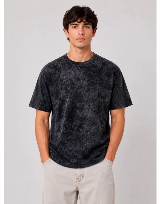 Erkek Yıkamalı Washed Effect Tişört Bisiklet Yaka Sokak Stil Kısa Kol T-Shirt - Siyah