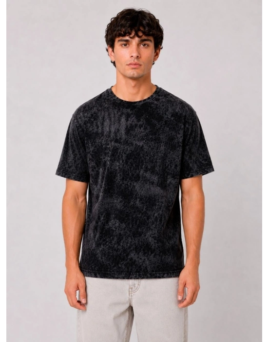 Erkek Yıkamalı Washed Effect Tişört Bisiklet Yaka Sokak Stil Kısa Kol T-Shirt - Siyah