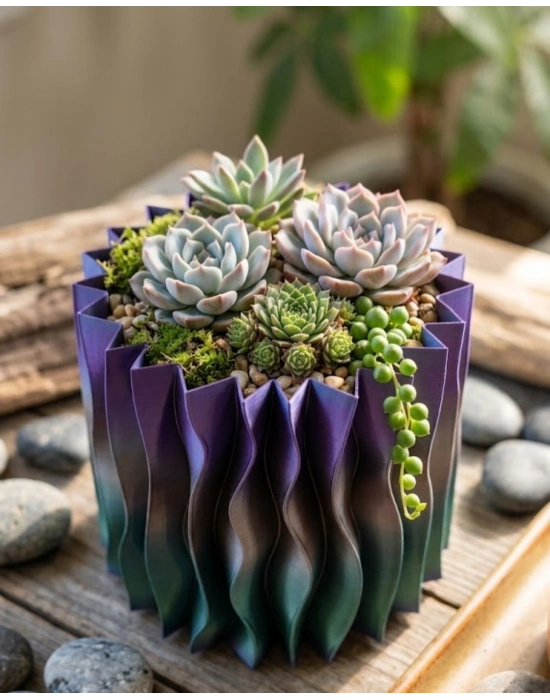 Estetik Dalga Formlu Mor 3D Baskı Dekoratif Vazo Modern Ev Aksesuarı