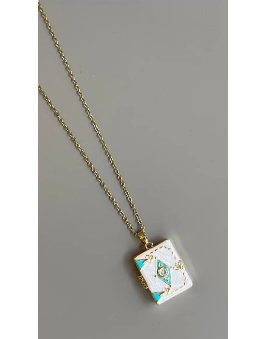 Etnik Desen Kapaklı Kolye - Beyaz