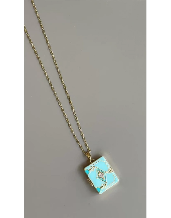 Etnik Desen Kapaklı Kolye - Mavi