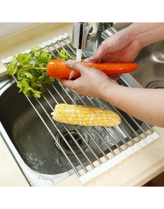 ®  Evye Üstü Katlanır Nihale Paslanmaz Çelik Pratik Sebze Meyve Bulaşık Kurutma Süzgeci