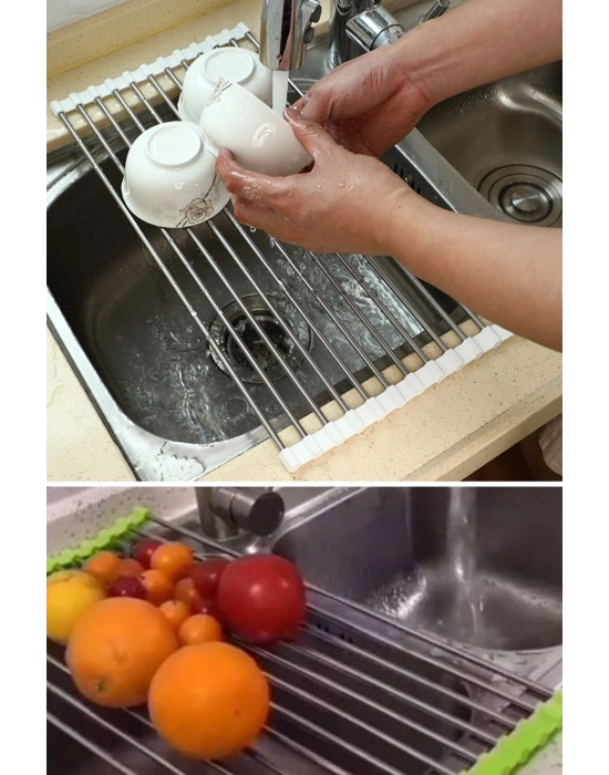 ®  Evye Üstü Katlanır Nihale Paslanmaz Çelik Pratik Sebze Meyve Bulaşık Kurutma Süzgeci