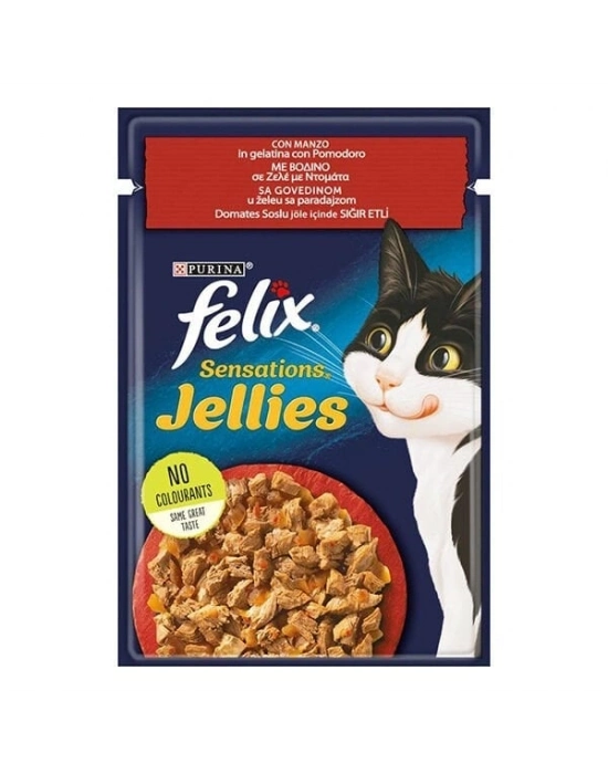 Felix Sensations Taze Jöle İçerisinde Domates Soslu Sığır Etli Yetişkin Yaş Kedi Maması 1 Adet 85 Gr