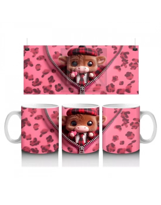 Fermuarlı Kalpli Fon Üzerinde Tatlı Buzağı – Baskılı Kahve Kupası