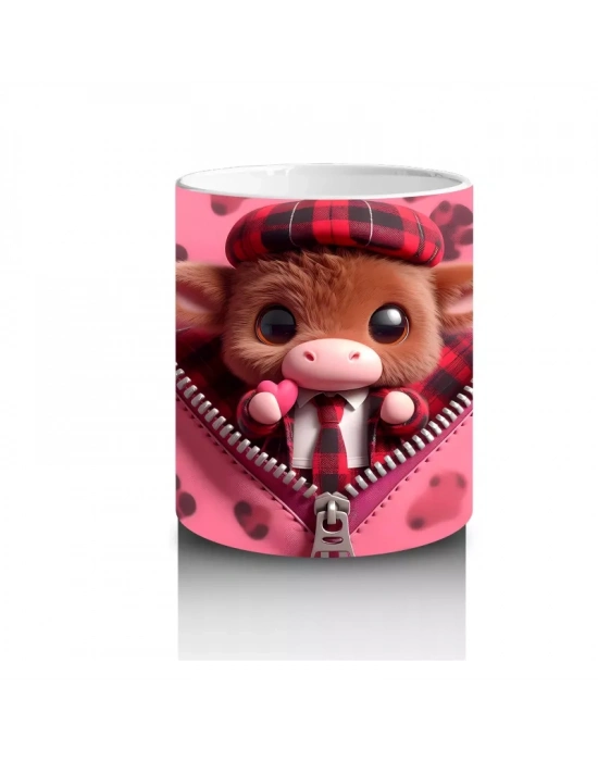 Fermuarlı Kalpli Fon Üzerinde Tatlı Buzağı – Baskılı Kahve Kupası