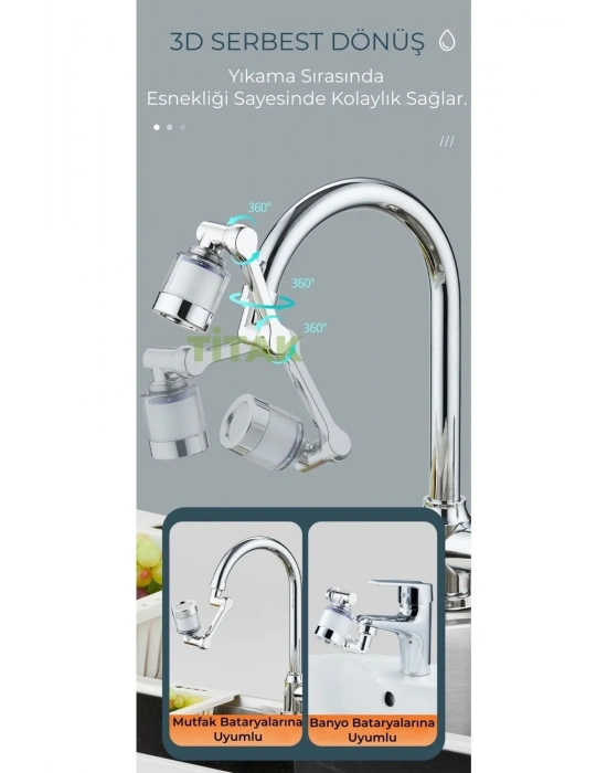 Filtreli Mutfak Banyo Musluk Başlığı 1080 Derece Dönebilen Fonksiyonel Evrensel Büyük Boy