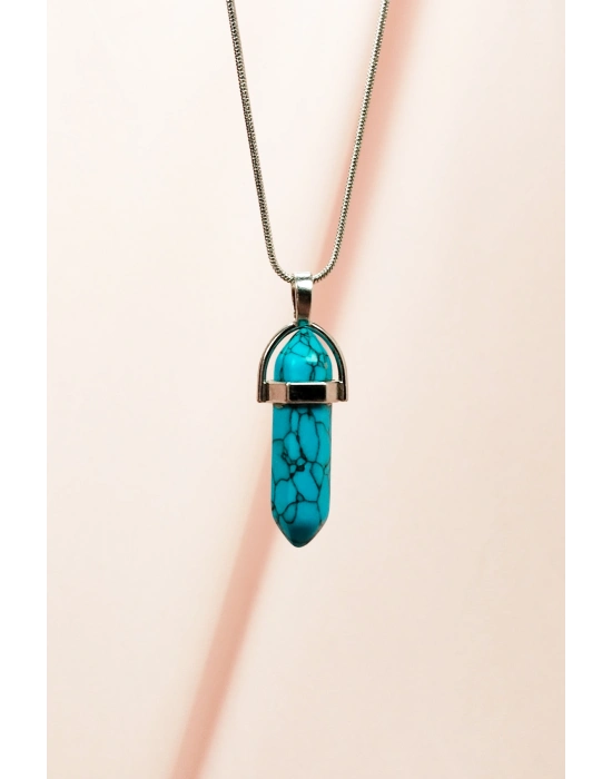 Firuze Doğal Taşı Zincirli El Yapımı Tasarımlı Kolye Uç: 3,5 cm Zincir: 20 cm Kutulu