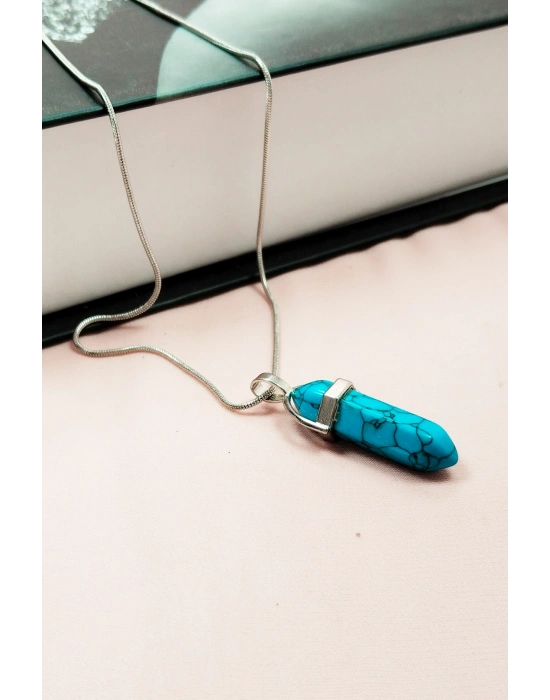 Firuze Doğal Taşı Zincirli El Yapımı Tasarımlı Kolye Uç: 3,5 cm Zincir: 20 cm Kutulu