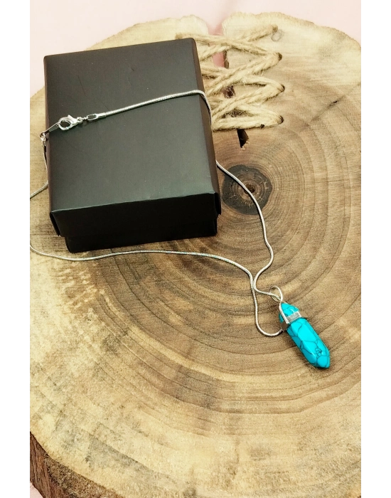 Firuze Doğal Taşı Zincirli El Yapımı Tasarımlı Kolye Uç: 3,5 cm Zincir: 20 cm Kutulu