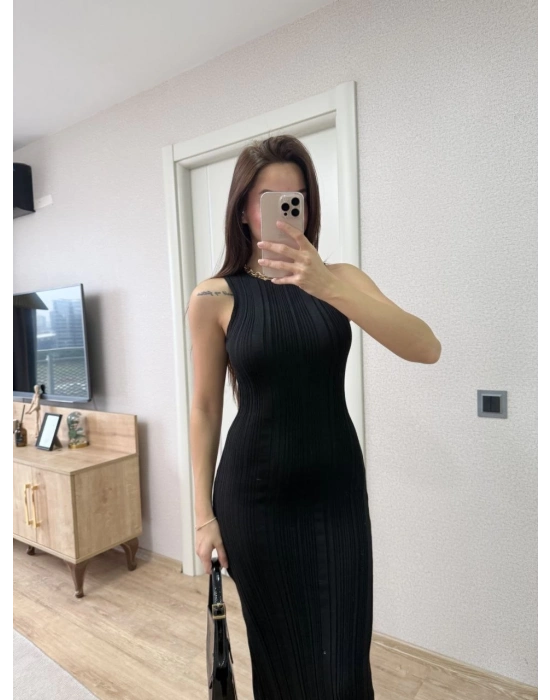 Fitilli Triko Elbise Kolsuz Sırtı Kapalı Maxi Uzun Boy - Siyah -