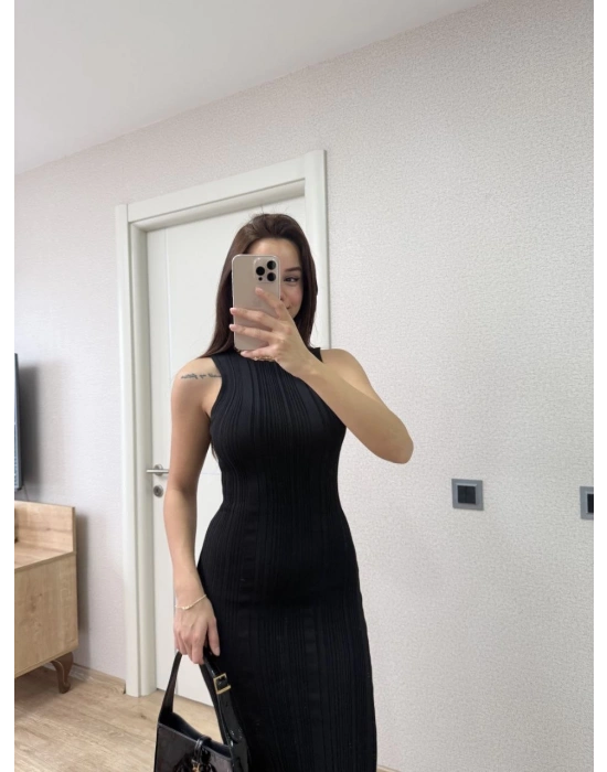 Fitilli Triko Elbise Kolsuz Sırtı Kapalı Maxi Uzun Boy - Siyah -